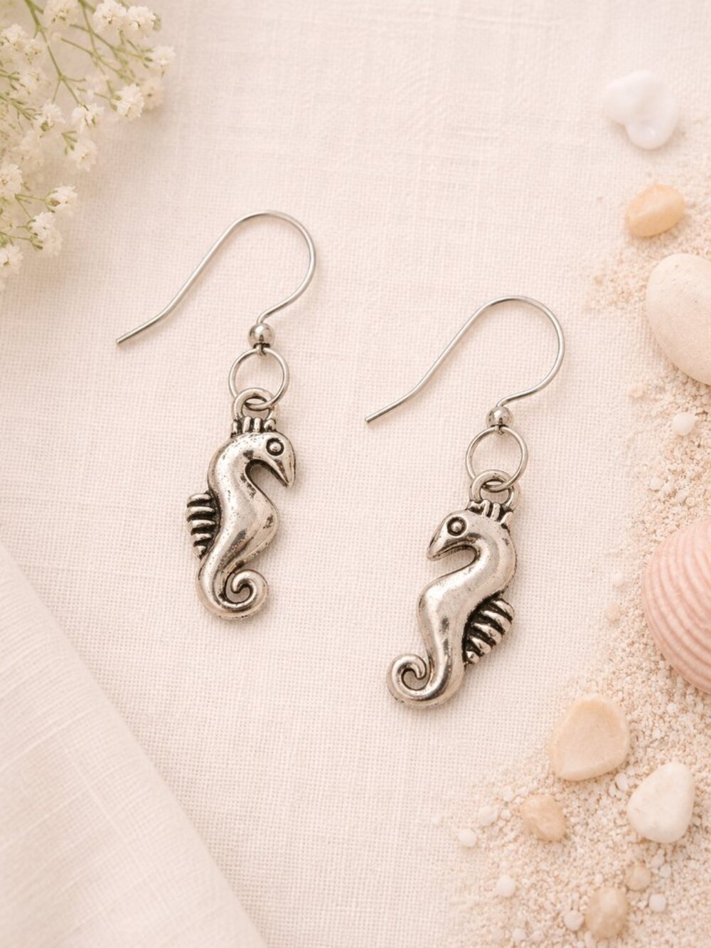 Antiqued Silver Seahorse Dangle Earrings Coastal Ocean Jewelry